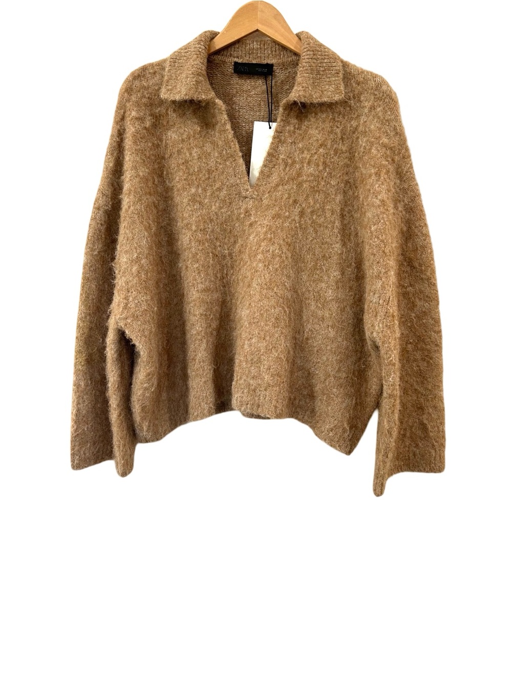 Zara women’s brushed collared v-neck sweater L camel fuzzy boxy slouchy NWT